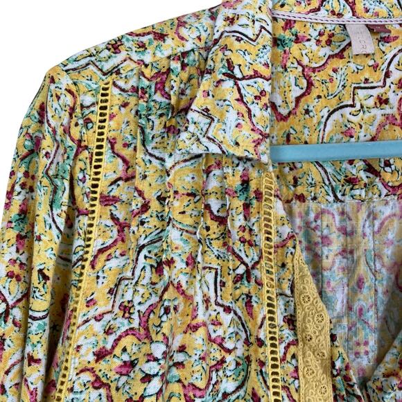 Anthropologie Pilcro Sz 1X Pintuck Peasant Blouse Yellow Floral Crochet Cottage - Picture 6 of 16
